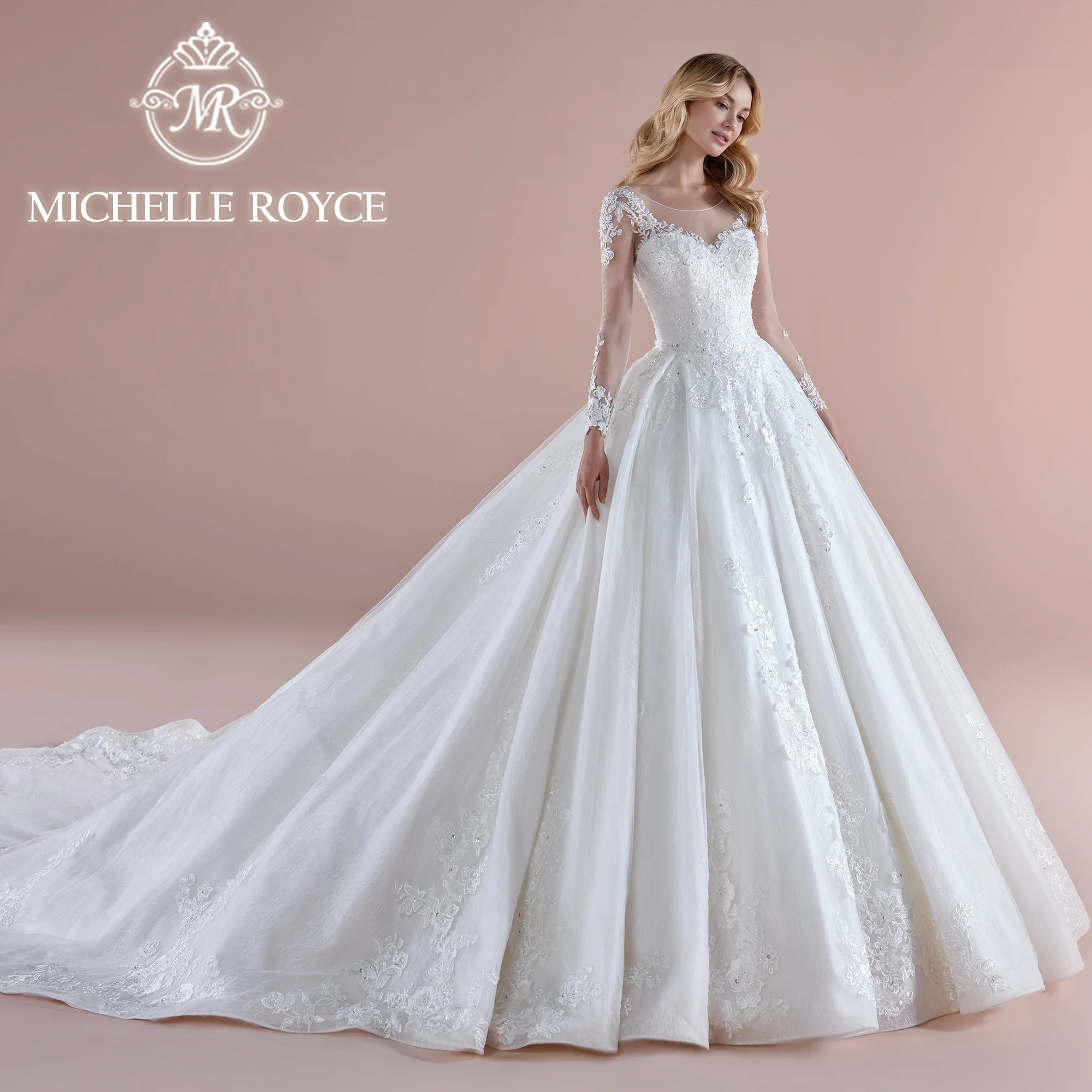 Michelle Royce Ball Gown Wedding Dress Sexy Elegant SCOOP Semi-Transparent Long Sleeve Charming Wedding Gown Vestidos De Novia