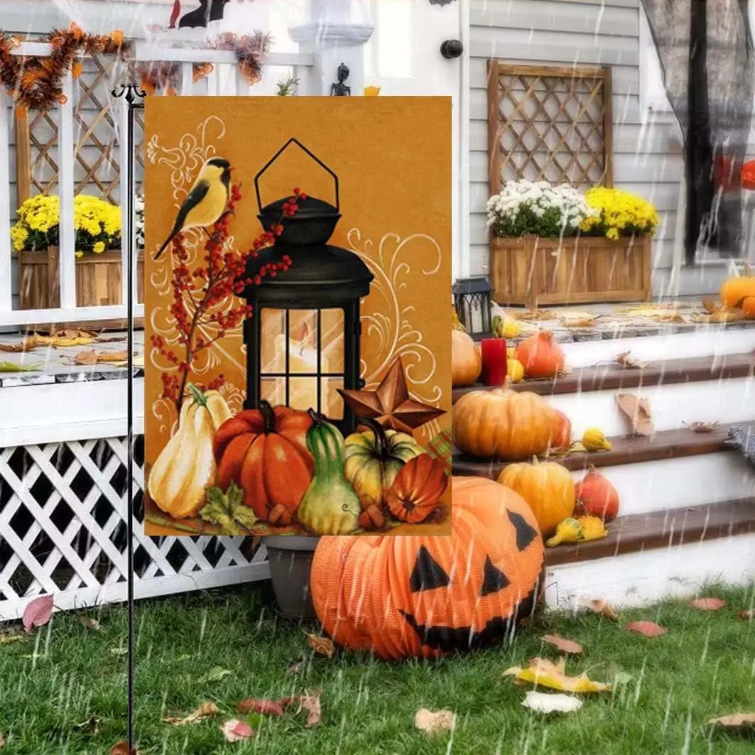 Fall Thanksgiving Garden Flag 12 X 18 Inches Double Sided, Pumpkins Birds And Flowers Yard Flags,Durable Burlap Flag Holiday Far