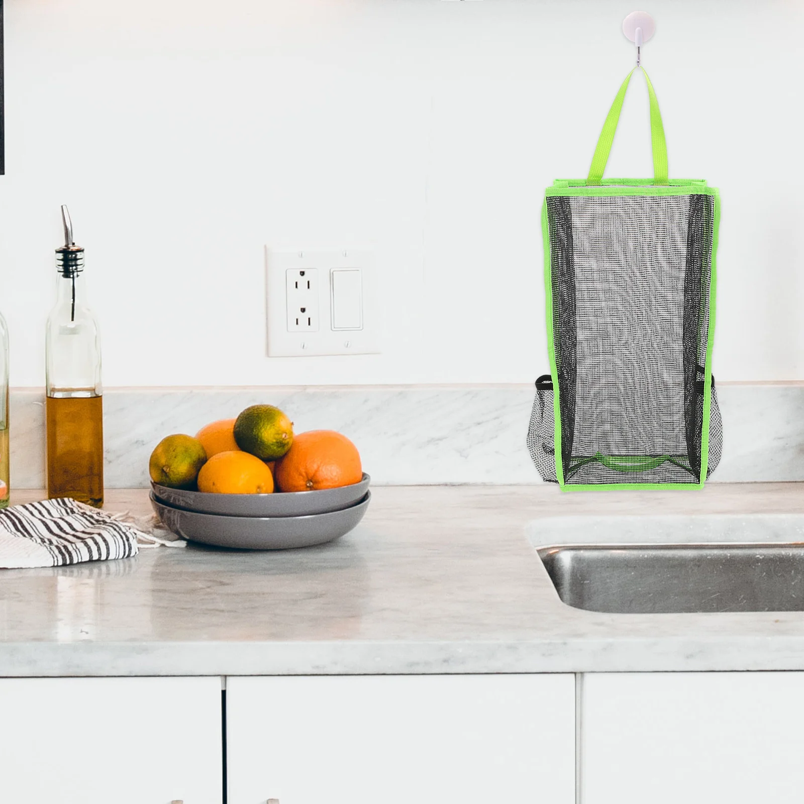 

Mesh Trash Bag Storage Organizer for Kitchen Hangable Plastic Grocery Bags Reusable Bag Dispenser Compact Space Saving Garbage