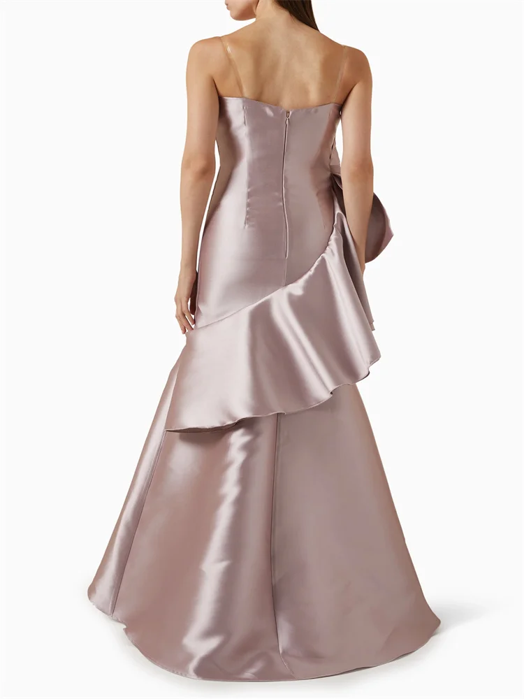 Fashionable Satin Evening Dress, Pink Square Neckline And Personalized Oversized Bow On The Skirt, Exquisite Flared Skirt Dress