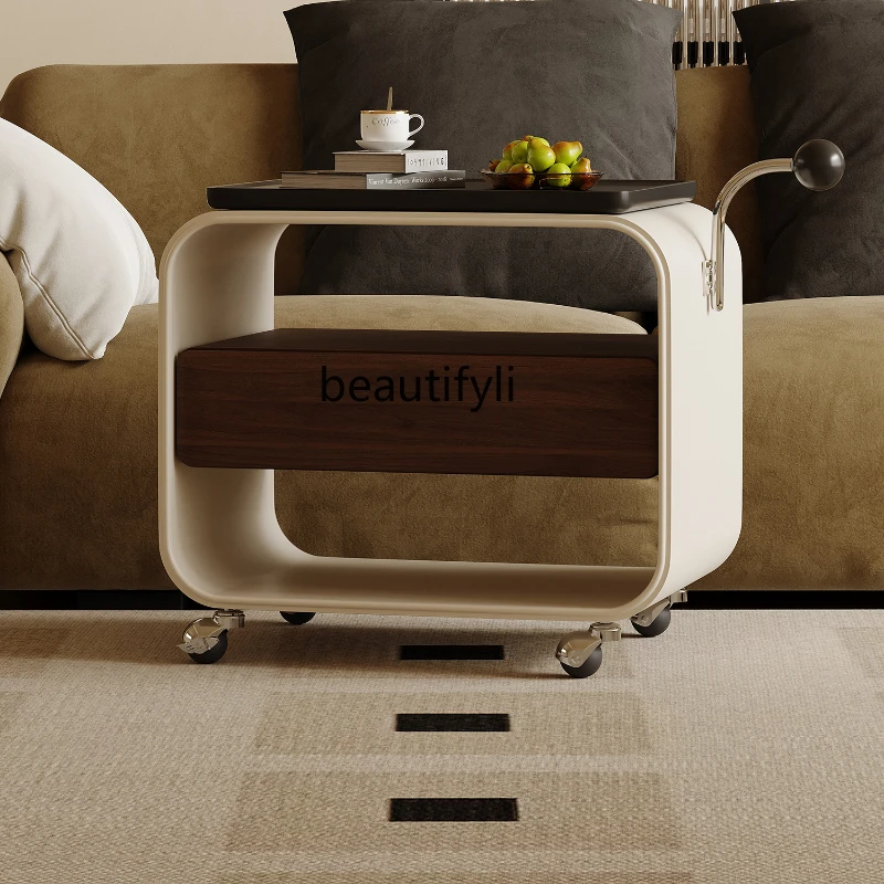 French Retro Living Room Multi-Functional Side Table Coffee Table Movable with Wheels Light Luxury High Sense Trolley