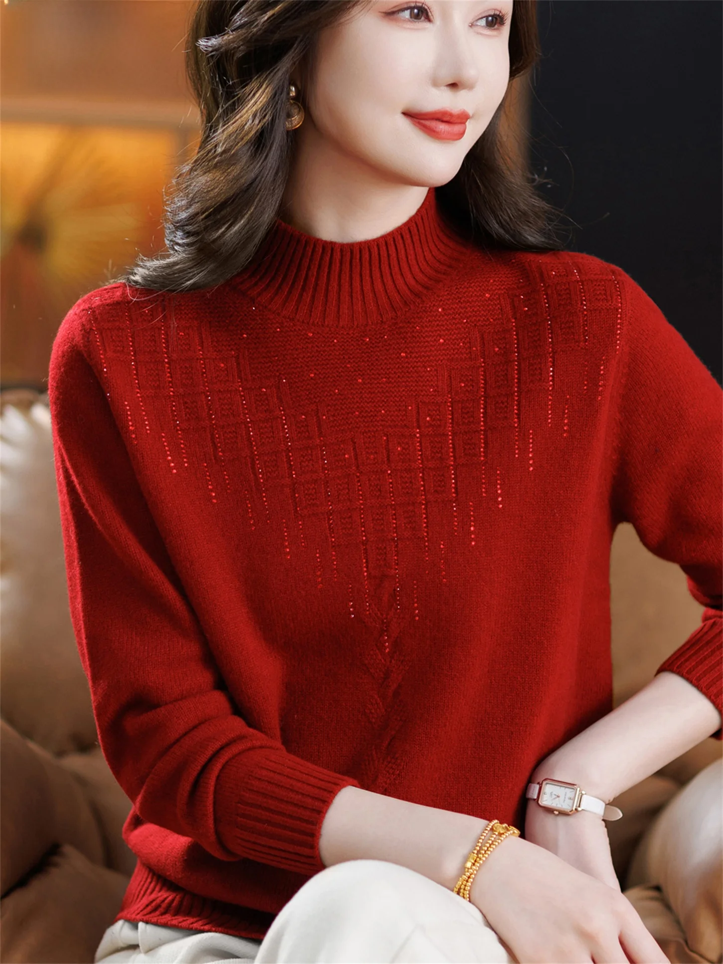 

Warmth And Sle Mommy's Faion Autumn Winter New Pure Color Woolen Top Loose Fit Inner Wear Diamond Heat Pred ly Wo...