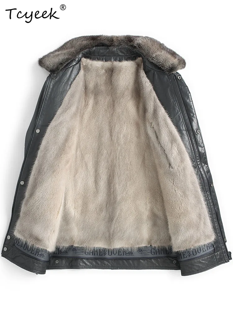 Tcyeek Natural Whole Mink Coat Men Top Layer Cowhide Real Leather Jacket Man Fashion Winter Clothes Warm Fur Coats Slim Fit 2026