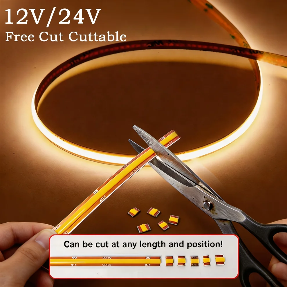 

DC 12V/24V 8MM COB LED Strip Free Cut Cuttable 400LEDs/M 528LEDs/M High Density Flexible Tape Home Decoration Lighting 0.5M-10M