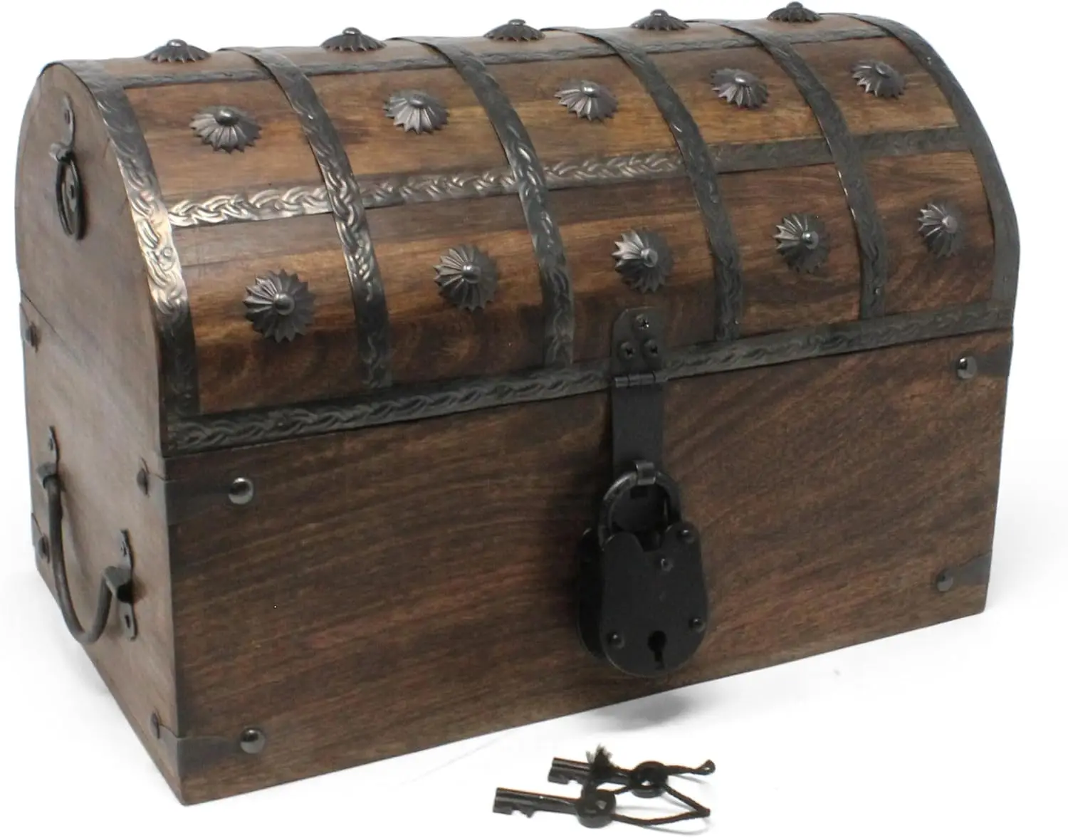 Cofre del Tesoro Pirata Hecho a Mano con Cerradura y Llaves de Esqueleto, Caja de Almacenamiento de Madera para Premios Infantiles y Decoración de Aula - Tamaño Grande