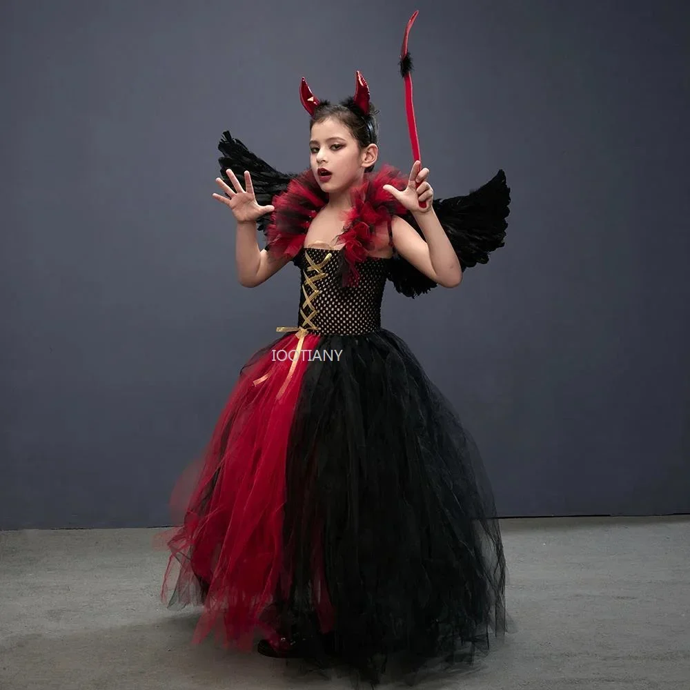فستان مصاص الدماء الملكي للأطفال من Cosplay فستان ساحرة للهالوين للفتيات زي الحفلات القوطية الشيطان الملكة ثوب الباليه توتو واي