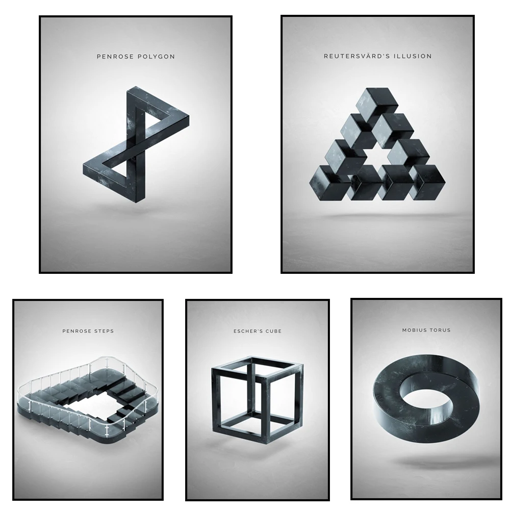 Penrose Ladder, Penrose Knot, Impossible Cube, Mobius Circle Abstract Geometric Canvas Art Deco Poster,