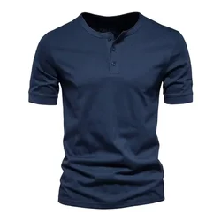 2026 Summer Men's T-Shirt Henry Neck Fashion Design Slim Fit Soild Male Tops Tees Short Sleeve Pull On Sports Casual T Shirt Men