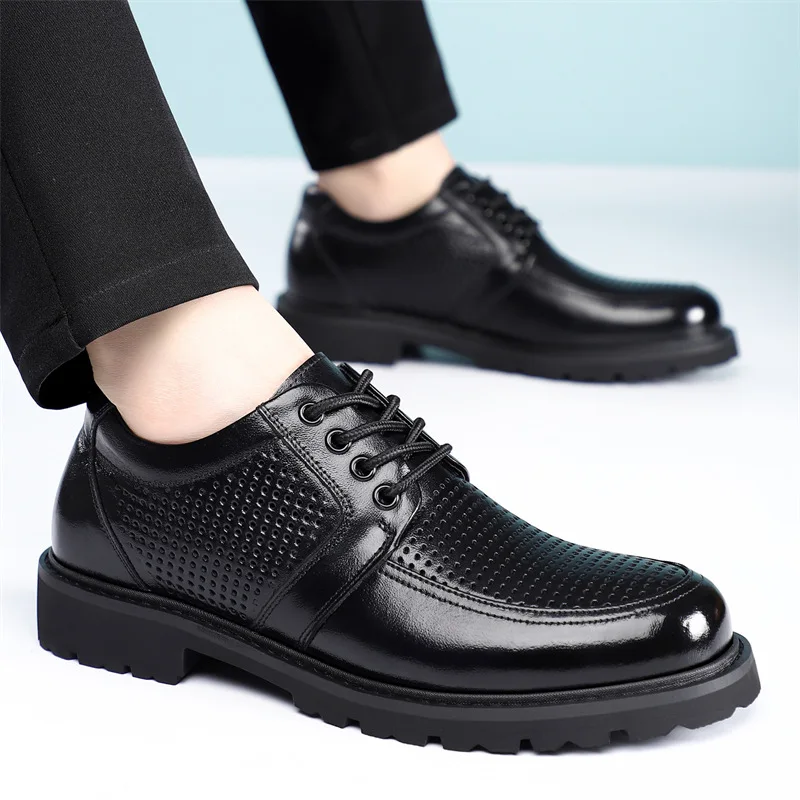 2026 Summer New Hallow Leather Shoes for Men Black Fashion Business Dress Shoes Male Lace Designer Platform Shoe Man - Image 5