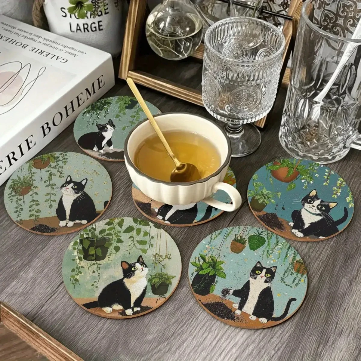 2D Cartoon Cow Cat Green Spider Plant Wooden Coaster - Round Tabletop Decoration Gift for Cat Lovers Home Decor