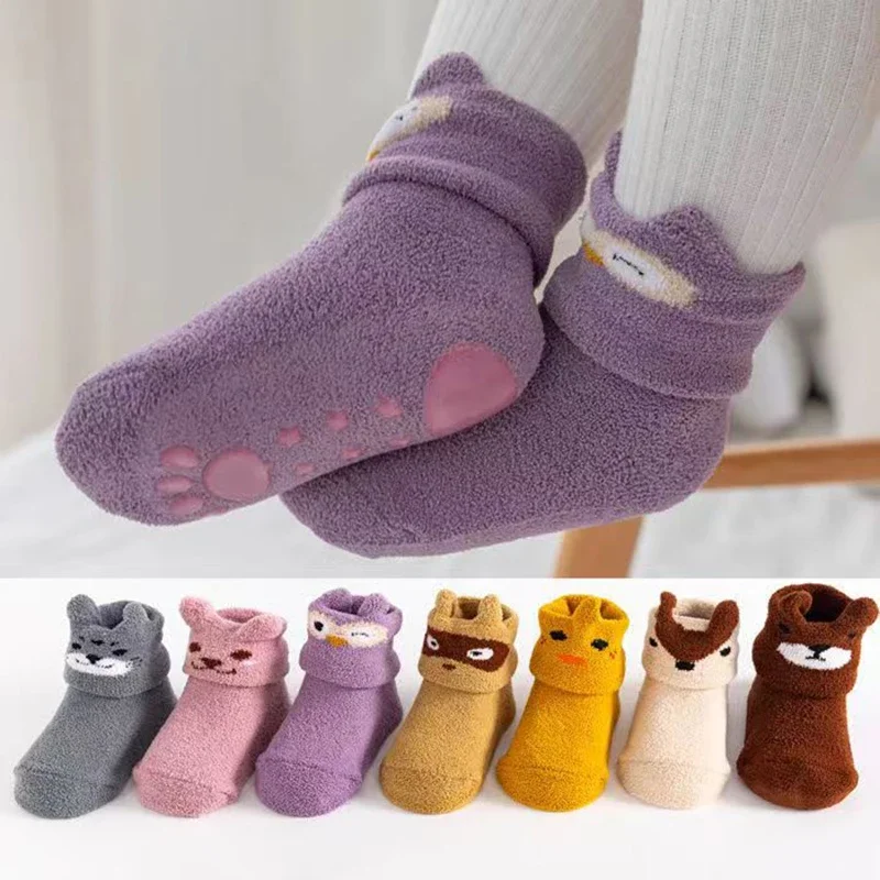 3Pairs Coral Fleece Cartoon Baby Toddlers Anti Slip Floor Socks Autumn Winter Warm Socks Girls Boys Indoor Cute Slippers Socks