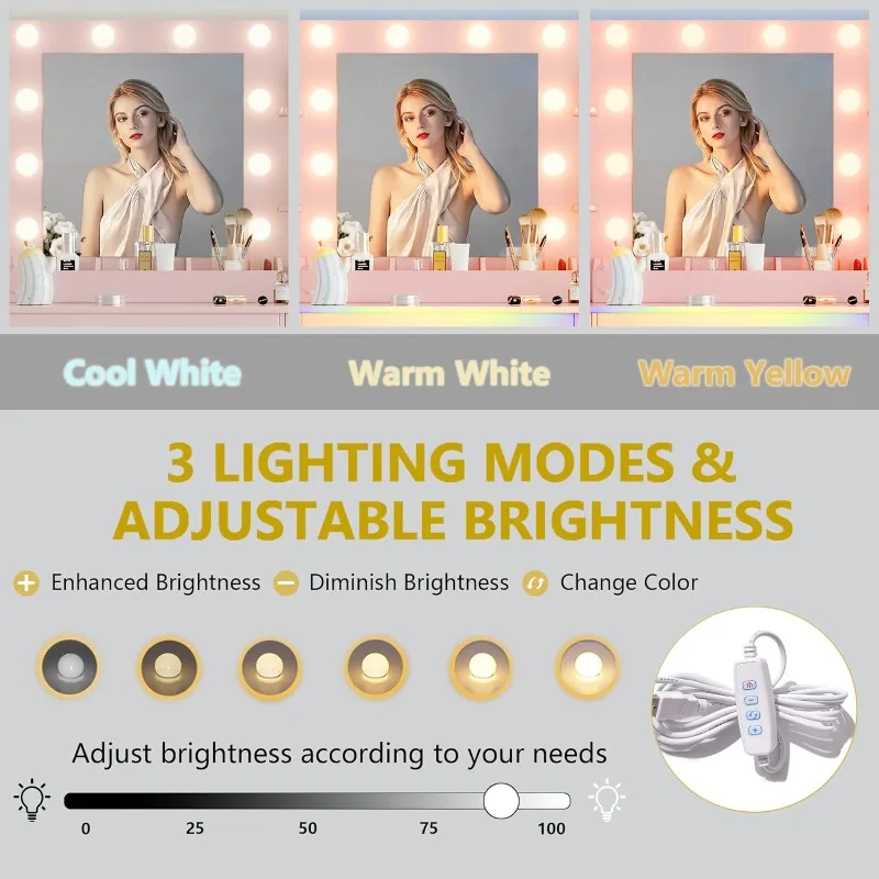 with Mirror and Lights, Makeup Dressing Table Set with Storage Drawers & Stool, Power Outlet, 3 Lighting Modes Adjus