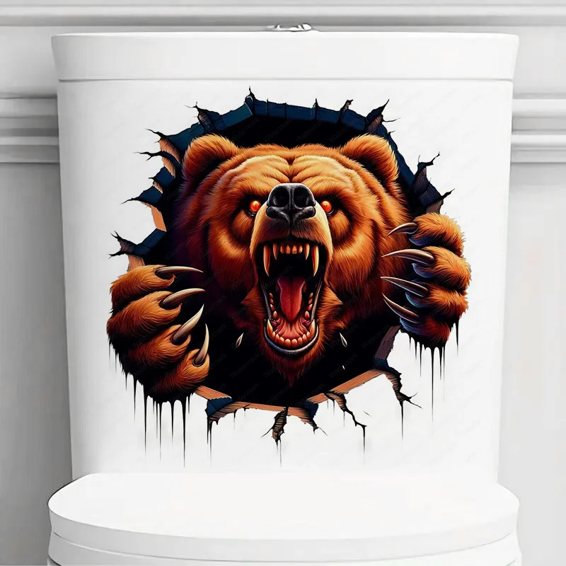 

T2119#Terrifying Bear Toilet Sticker, Self-adhesive Bathroom Home Decoration Wall Sticker, Door Sticker, Refrigerator Sticker