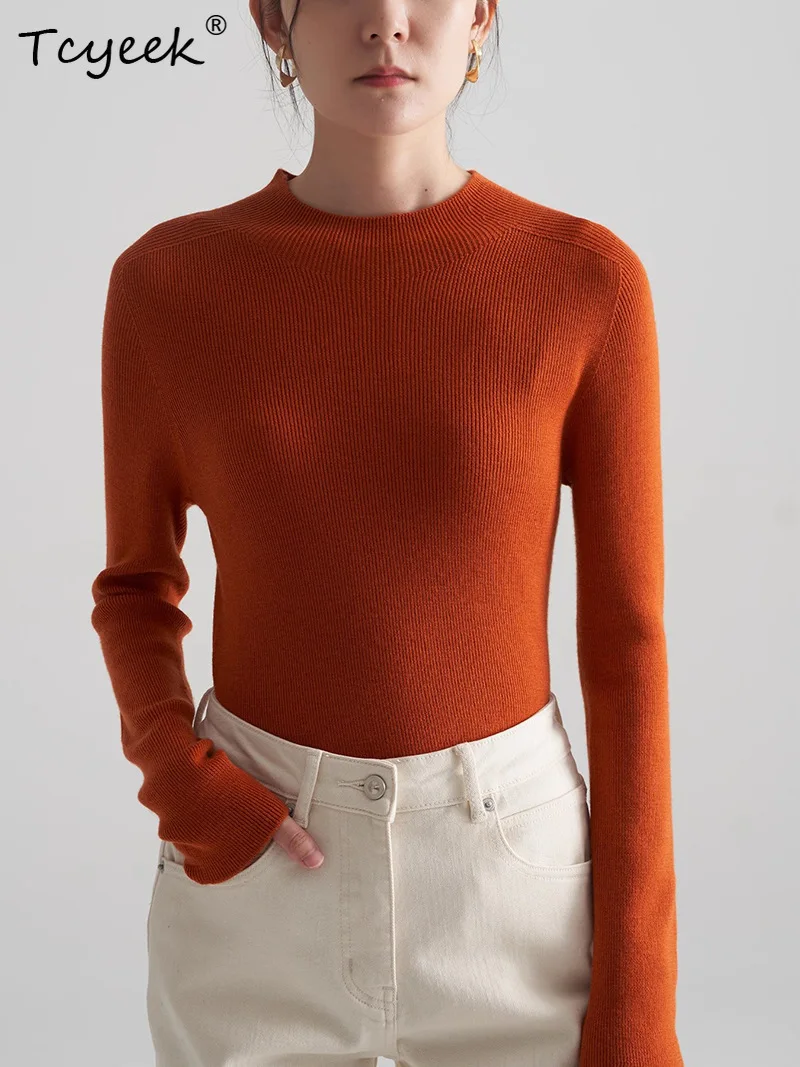 

Tcyeek, 100% Wool Machine Washable Sweater, Women Long Sleeve Mock Neck, Seamless Bottom Knit Top, 2024 Summer Fall T46984QM