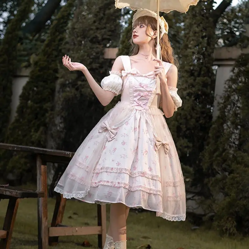 [Spring Overture]Jsk Sling Dress Cute Dress Little Flower Wedding Lolita Dress Summer Fairy Dresses Vestido Manga Larga