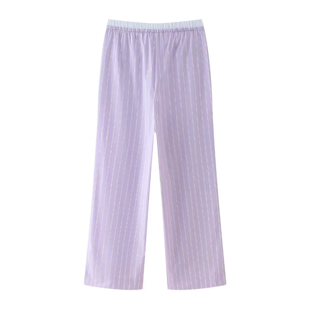 TRAF 2024 Striped Wide Pants Women Purple High Waist Pants for Women Boxer Pleated Baggy Pants Woman Summer Beach Women's Pants