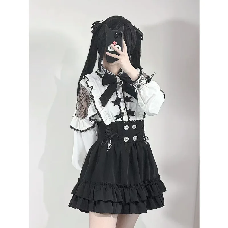 Japanese Y2K Gothic Lolita Two Piece Set Black White Lace High Waist Ruffled Mini Skirt Slimming Outfit Teen Girls Autumn Gift view 2
