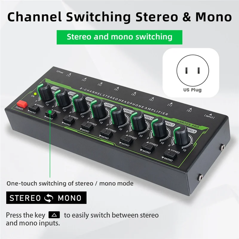 8-Kanal-Mini-Stereo-Kopfhörerverstärker HA800S PRO Ultrakompakter Audioverstärker mit Netzteil