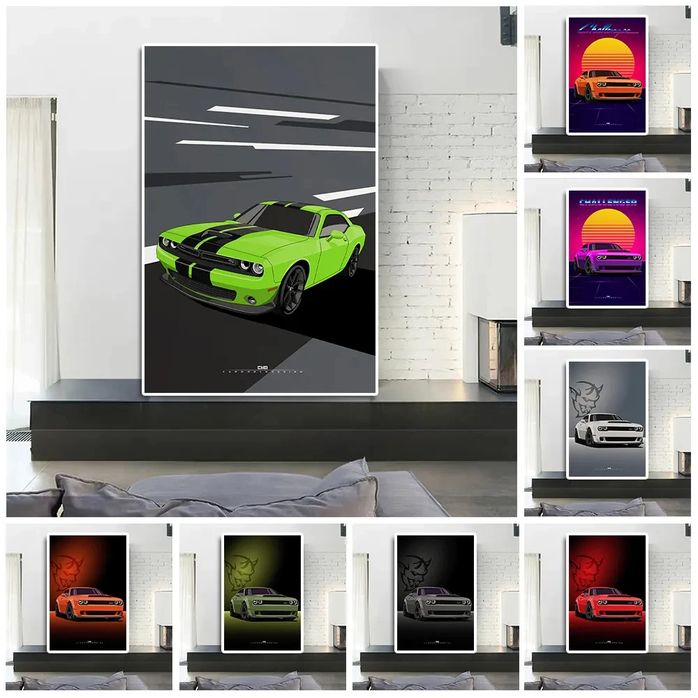 

Classic Sports Car， Neon Effect Wall Art Decor， Luxury Racing Comic Canvas Painting Challenger Supercar Poster Room Decor Gift