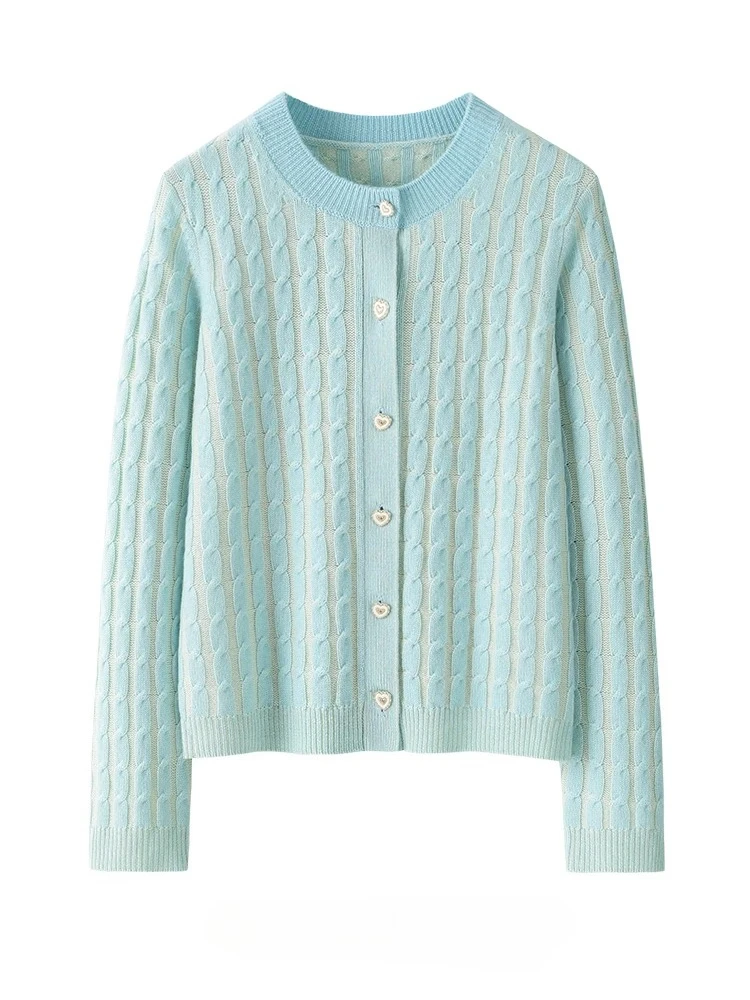 Primavera e outono novo produto suéter de lã, 100% lã de ovelha malha em torno do pescoço manga longa cardigan de malha