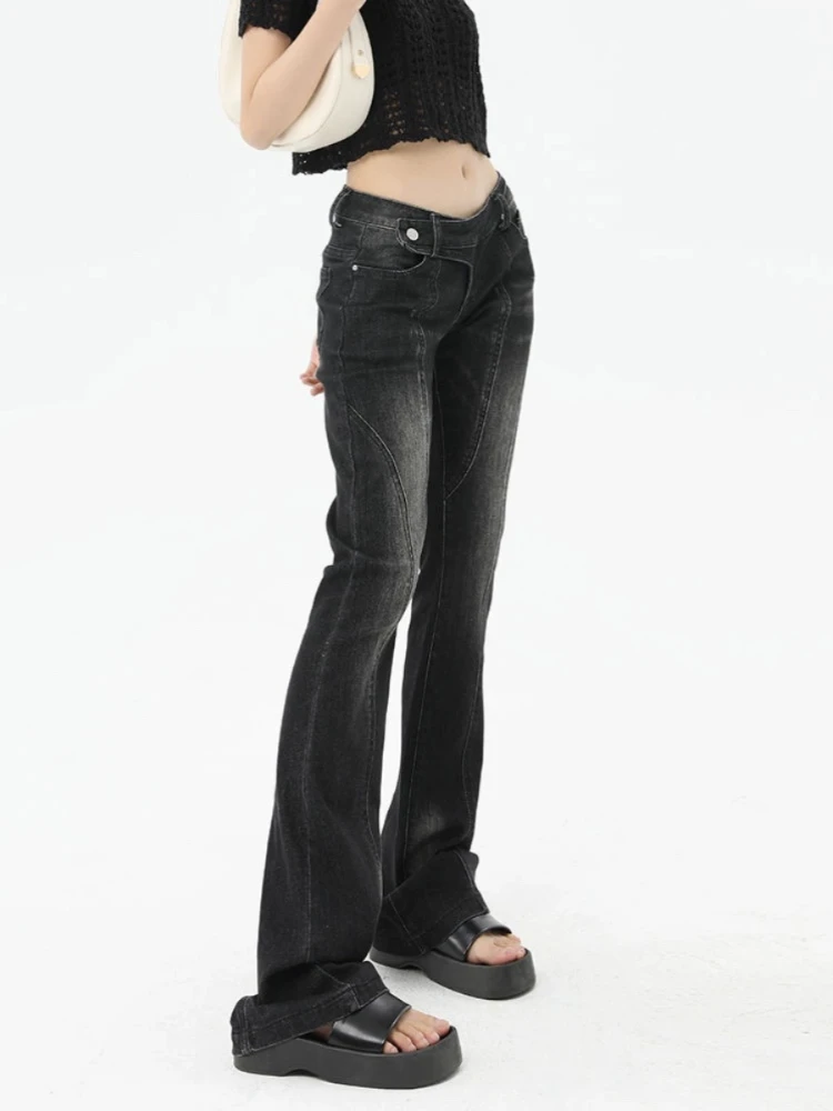 ADAgirl Y2k Irregular Low Waist Denim Flared Pants Black Washed Jeans for Women Vintage Kpop Drak Aesthetics Grunge Trousers New
