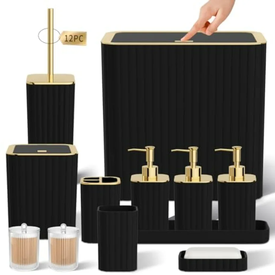 

Bathroom Accessory Set 12PC Black Bathroom Set with Mini Trash Can Toilet Brush Soap Dispenser for Modern Bathroom Decoration