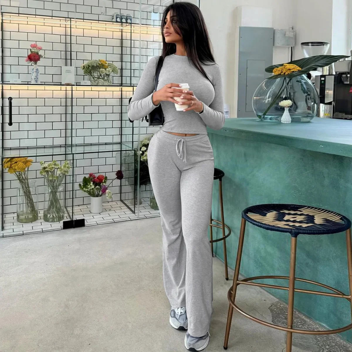 

Elegant Solid New Two Piece Sets Women Long Sleeve Slim O-Neck Crop Tops Drawstring Flare Pant Suit Lace Up Outfits Streetwear