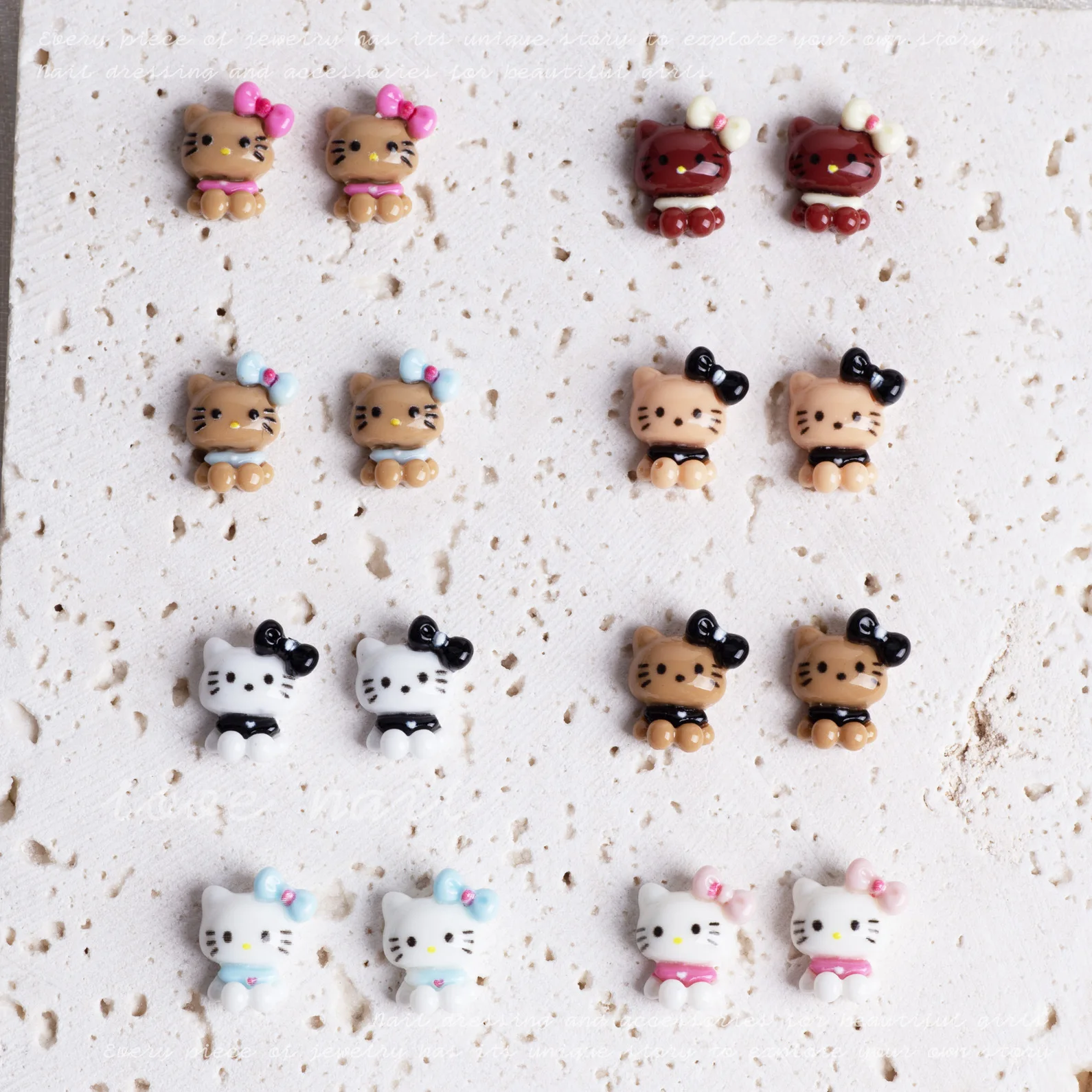 10Pcs Kawaii Black Skin Hello Kitty Nail Art Accessories Hawaii Holiday Cartoon Y2k Resin Nails Stickers DIY Jewelry Decoration#