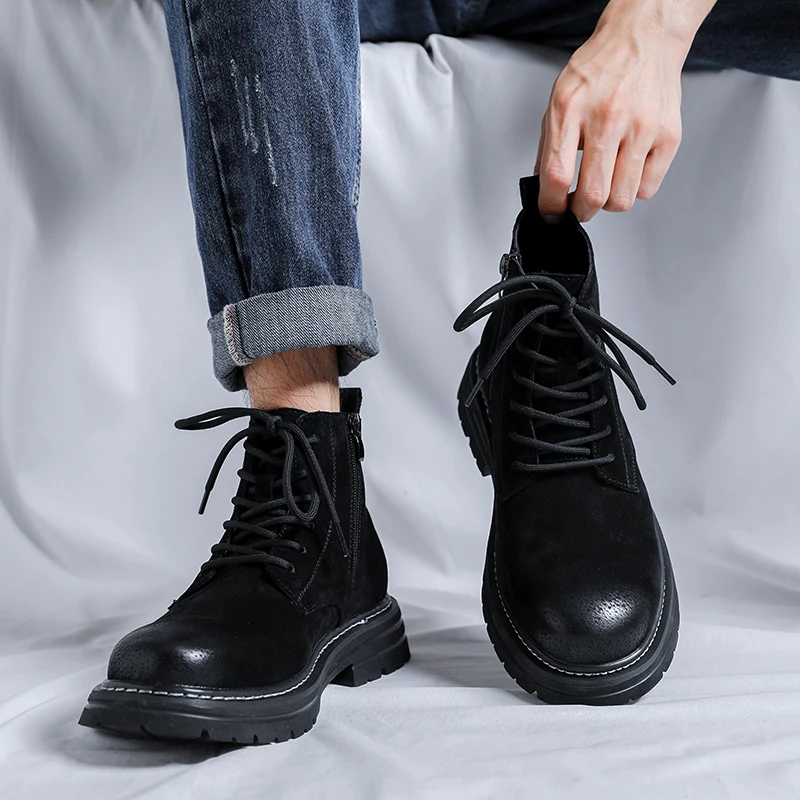 Sepatu bot pria kulit asli, sepatu bot pria isolasi mewah Retro klasik, sepatu kulit asli antik, sepatu taktis modis, sepatu bot leher tinggi, tali