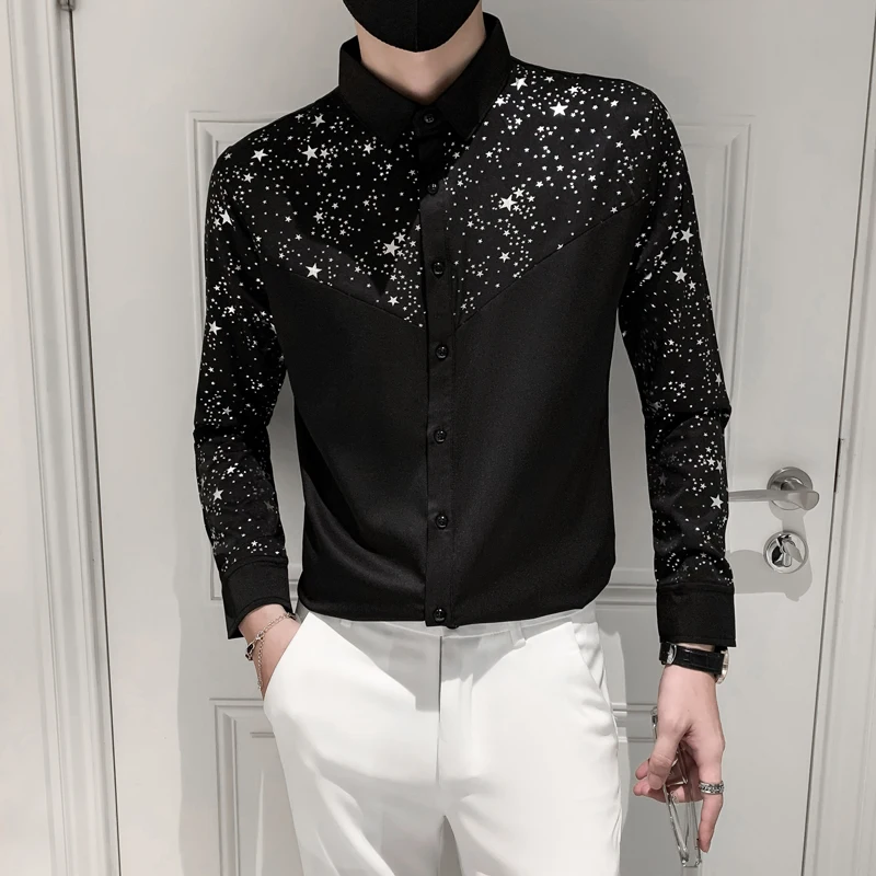 Star Printed Polka Dot Shirts Tops Men High Quality Long Sleeve  Casual Male Silk Shirt Party Bar Slim Fit Floral Mens Clothing