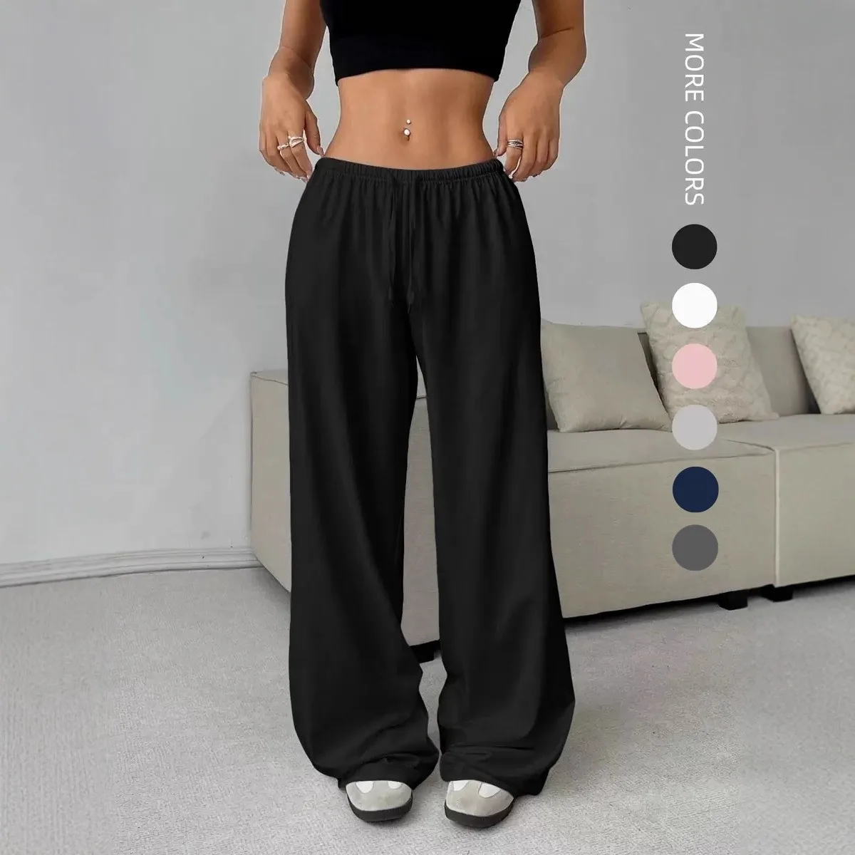 

Casual Wide Leg Sports Pants for Women Casual Straight Leg Loose Solid Color Elastic Drawstring High Waisted Wide Leg Pants