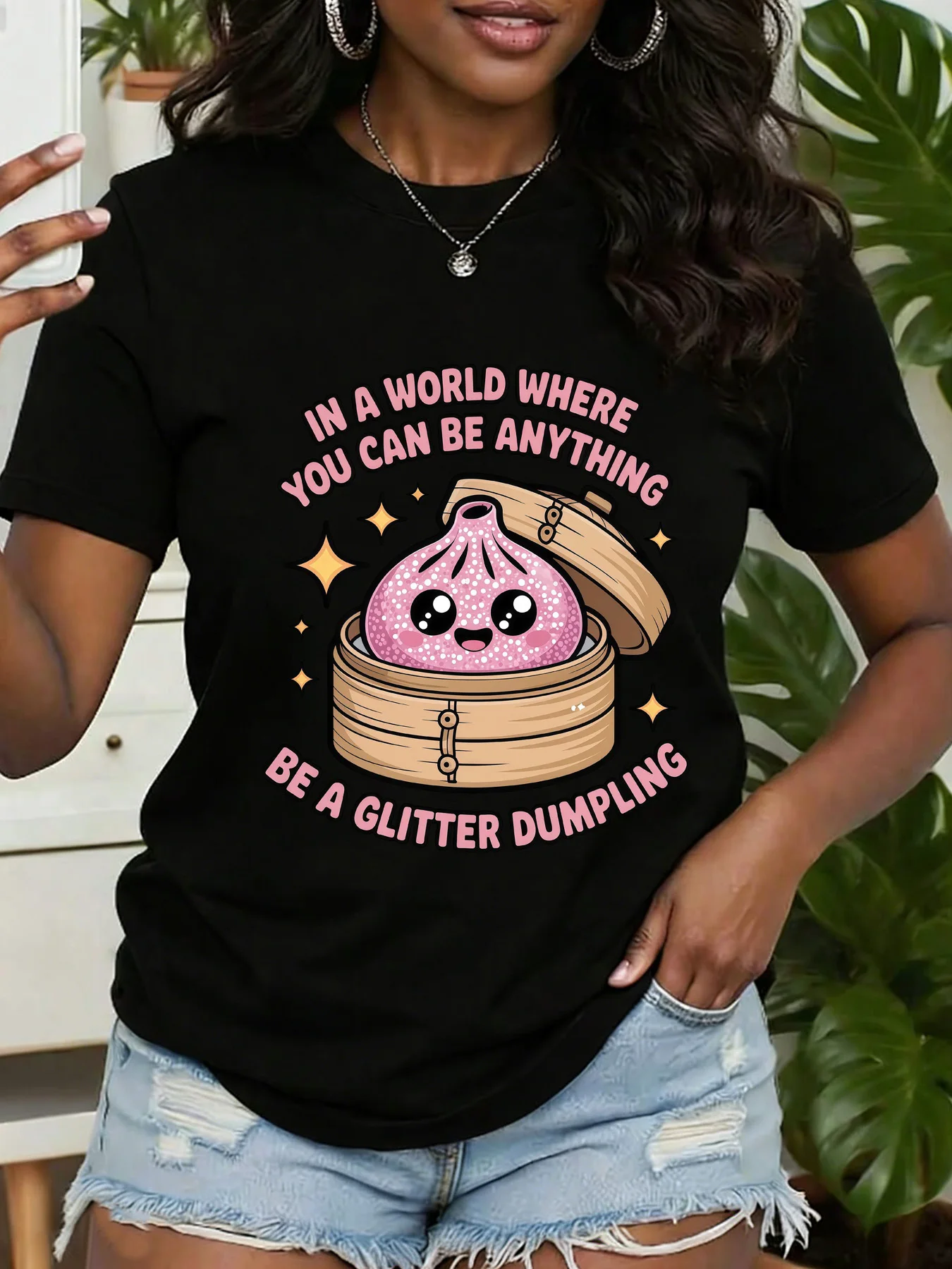 Cute Glitter Dumpling In Bamboo Steamer With Slogan Text Art Print Graphic Ladies T Shirt Short Sleeve Crew Neck Casual Tee Tops