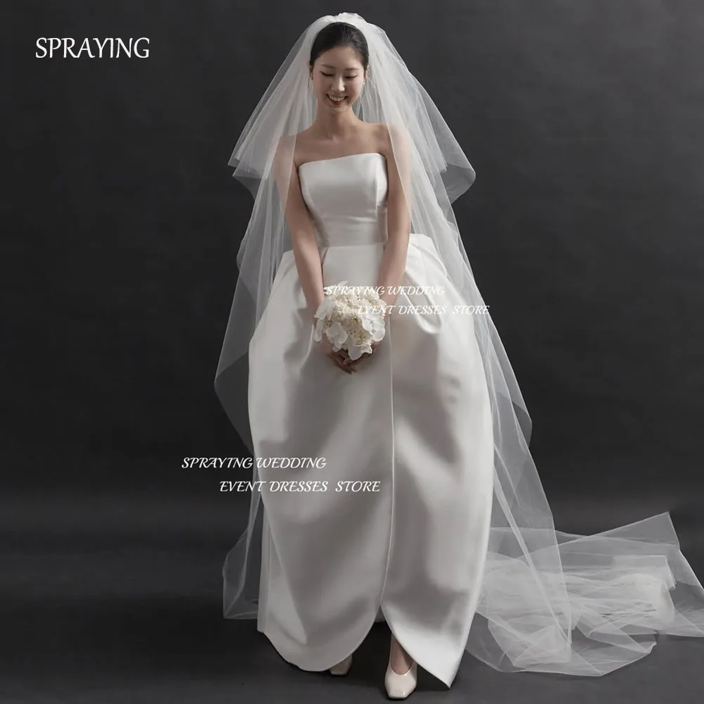 

SPRAYING ivory Strapless Wedding Korea Photo Shoot Dress 웨딩드레스 Elegant Satin Floor Length Puffy Bridal Gowns Corset Customized