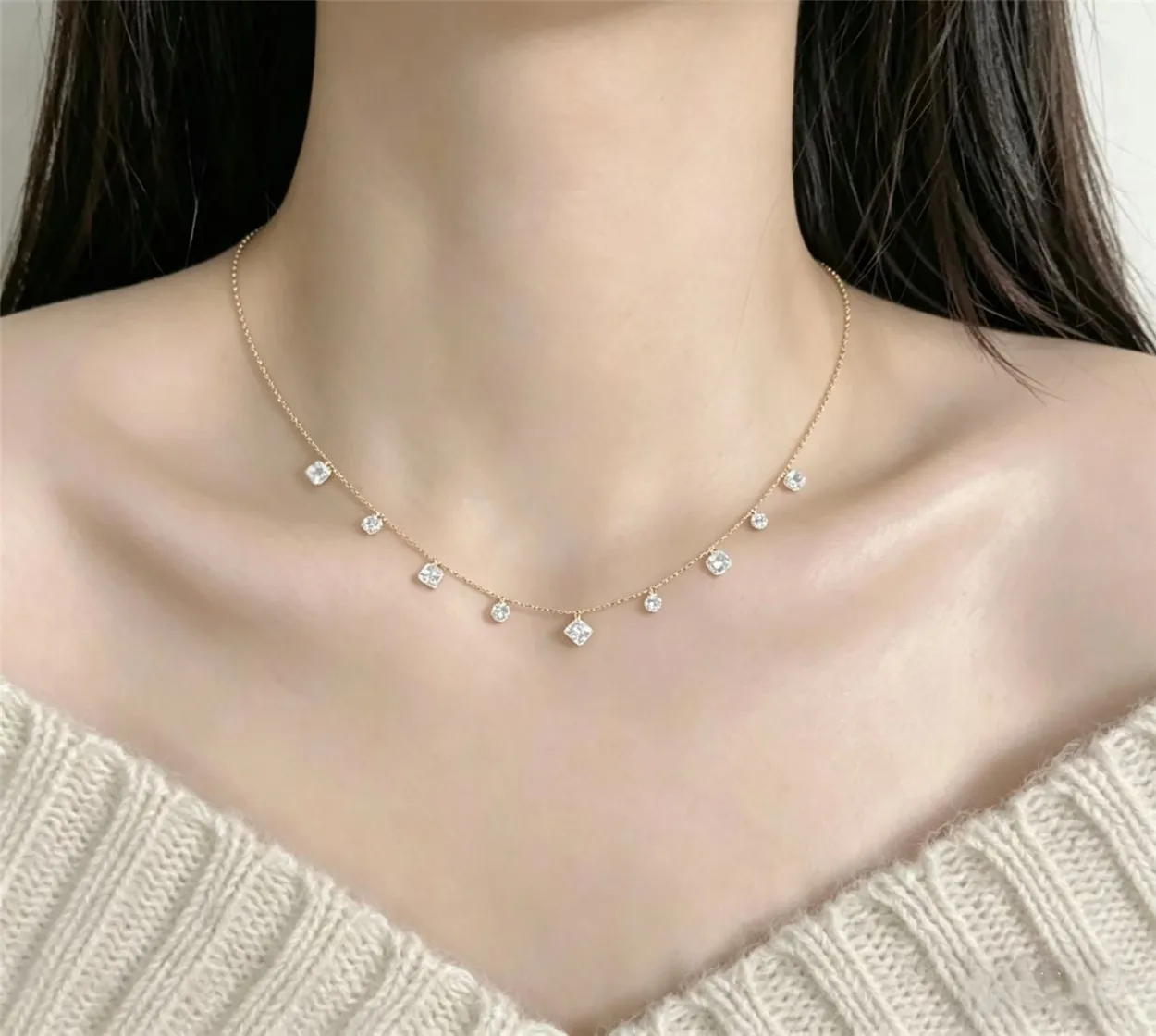 18K gold lab-grown diamond necklace, water droplet and round with drilled holes and clawless setting, custom-designed jewelry view 6