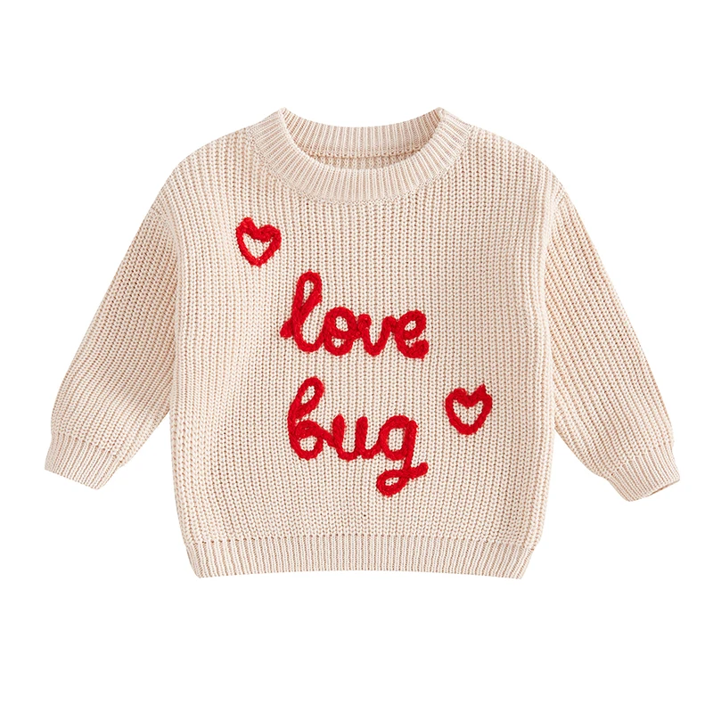 Baby Valentine’s Day Sweaters Long Sleeve Round Neck Letter Embroidery Pullover Infant Fall Tops