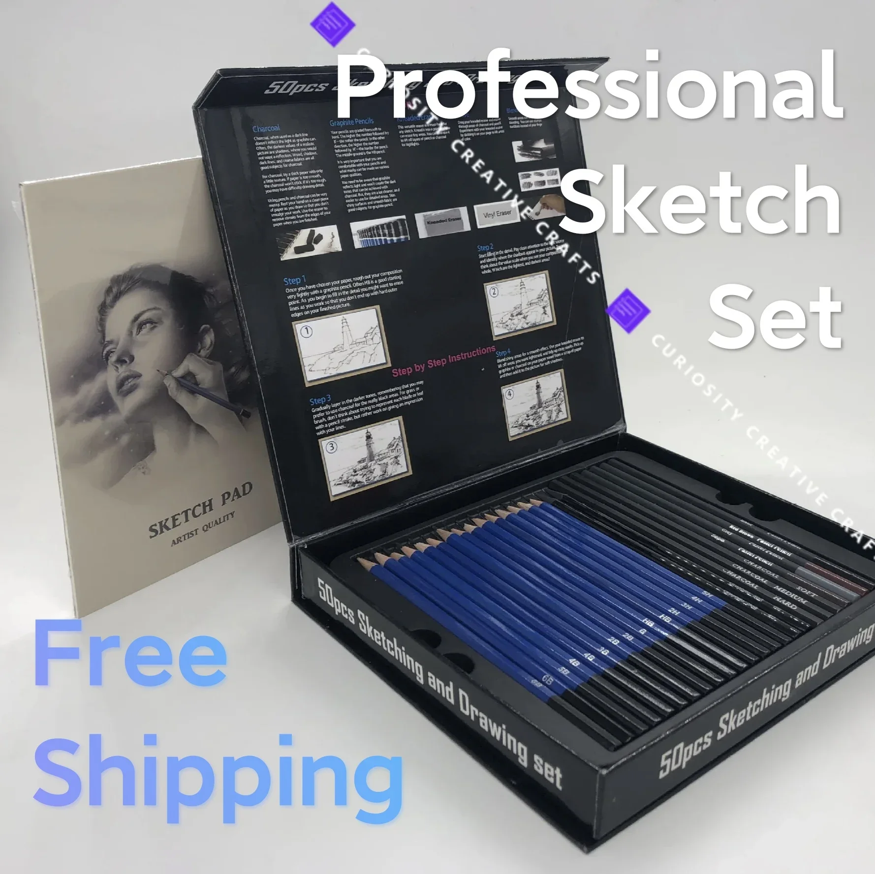 Professional 50pcs Sketch Set Gift Box Free Shipping Charcoal Stick Pencil Extender Blending Tortillon Art Supplies for Artist