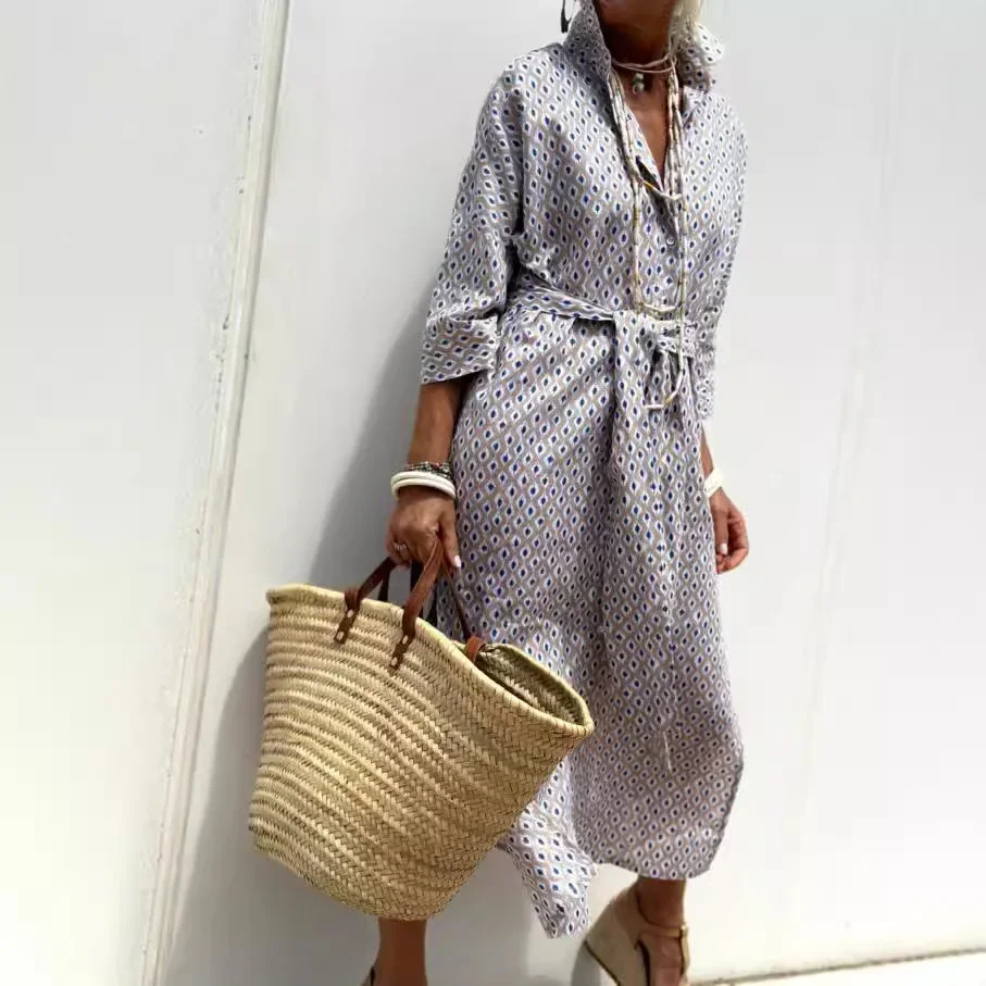 Gestreepte split-shirtjurk met halve mouwen, losse jurk, hoge taille, zomermode