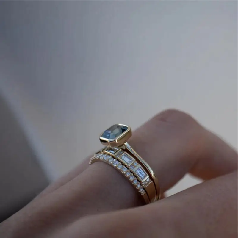 3pcs Acid Blue Crystal Rings for Women Fashion Yellow Gold Color Wedding Women\'s Ring Luxury Brand Jewelry Gifts Accessories