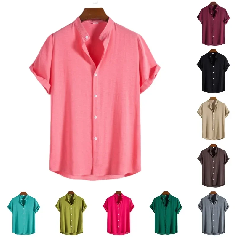 

Летние мужские повседневные топы с короткими рукавами, однотонные рубашки с воротником-стойкой, блузки, мужские дышащие платья, официальная социальная рубашка, мужская одежда