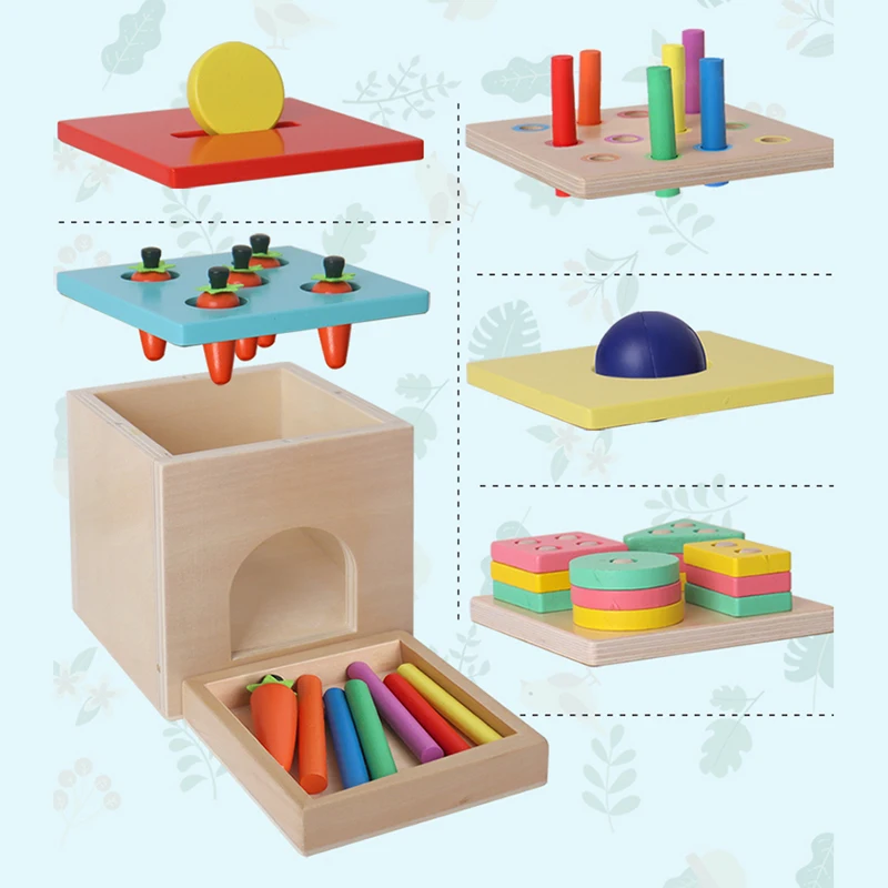 Montessori Wooden Toy 5-in-1 Intelligence Box Shape Set Column Pull Radish Coin-operated Game Stick Kids Educationsl Toys Puzzle