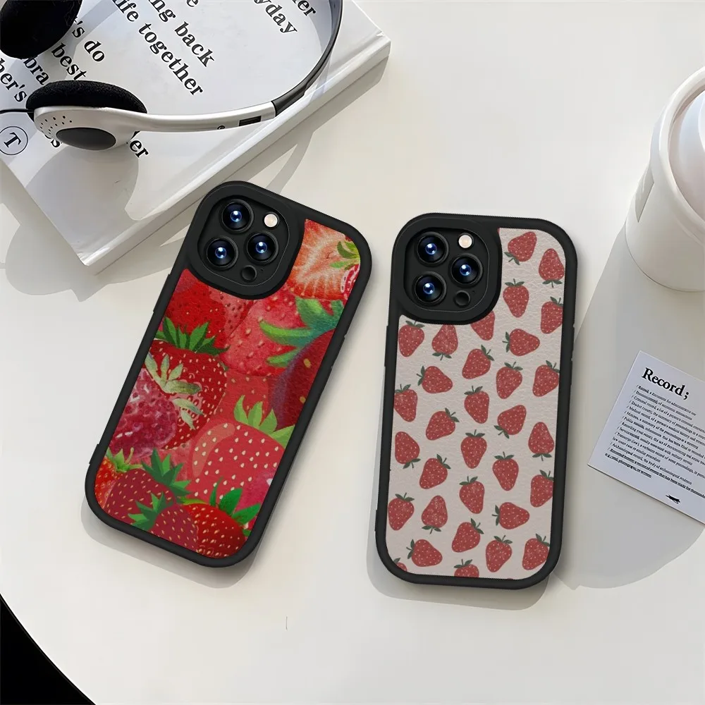 Strawberry Fruit Phone Case Black For IPhone 11 14 13 12 Pro Max Mini Xs X Xr 7 8 Plus SE2020 Leather Silicone Soft Coque