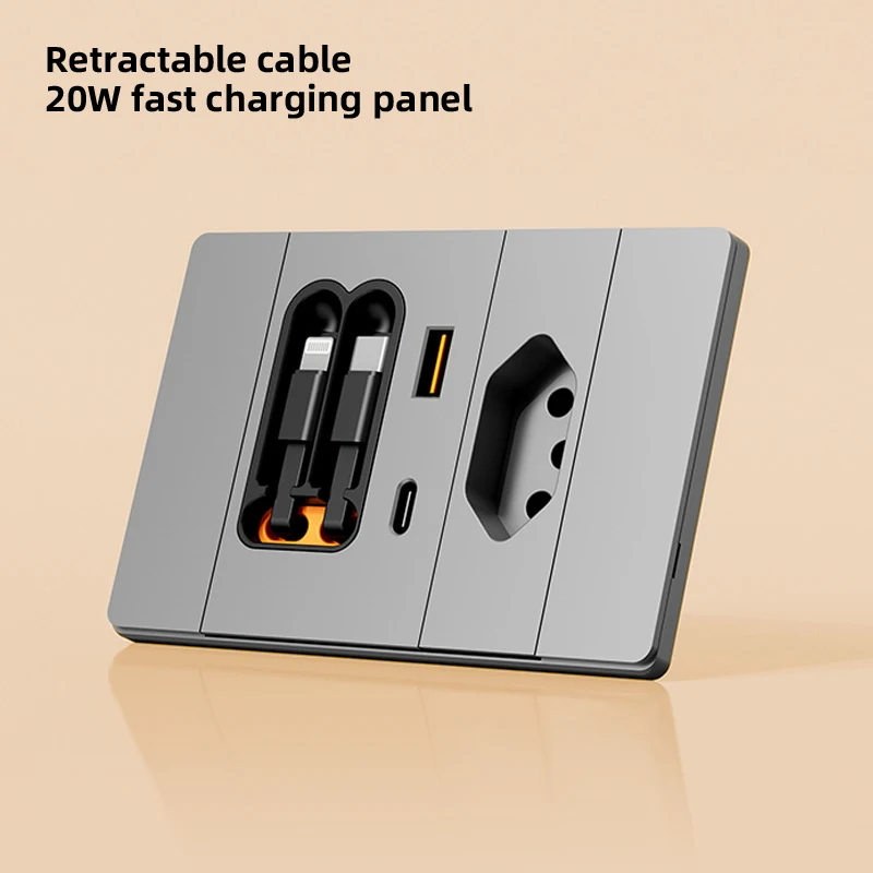 118Type Brazil Socket Panel with Retractable Charging Cable 20W USB Fast Charging Multi-hole Type-C PD Wall Socket for BR Market