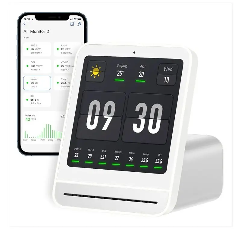 Qingping Luchtkwaliteitsmeter Gen 2, Luchtkwaliteitsmeter voor binnen die PM2.5, CO2, PM10, geluid, temperatuur en vochtigheid detecteert, alarm - afbeelding 2