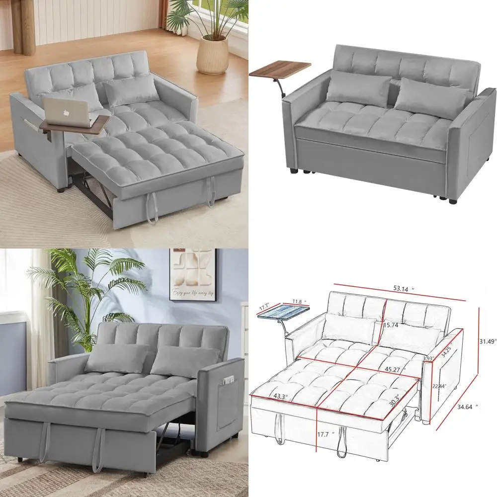 Convertible Sleeper Sofa with Adjustable Backrest, Swivel Table, Side Pocket, Velvet Loveseat Futon for Small Spaces