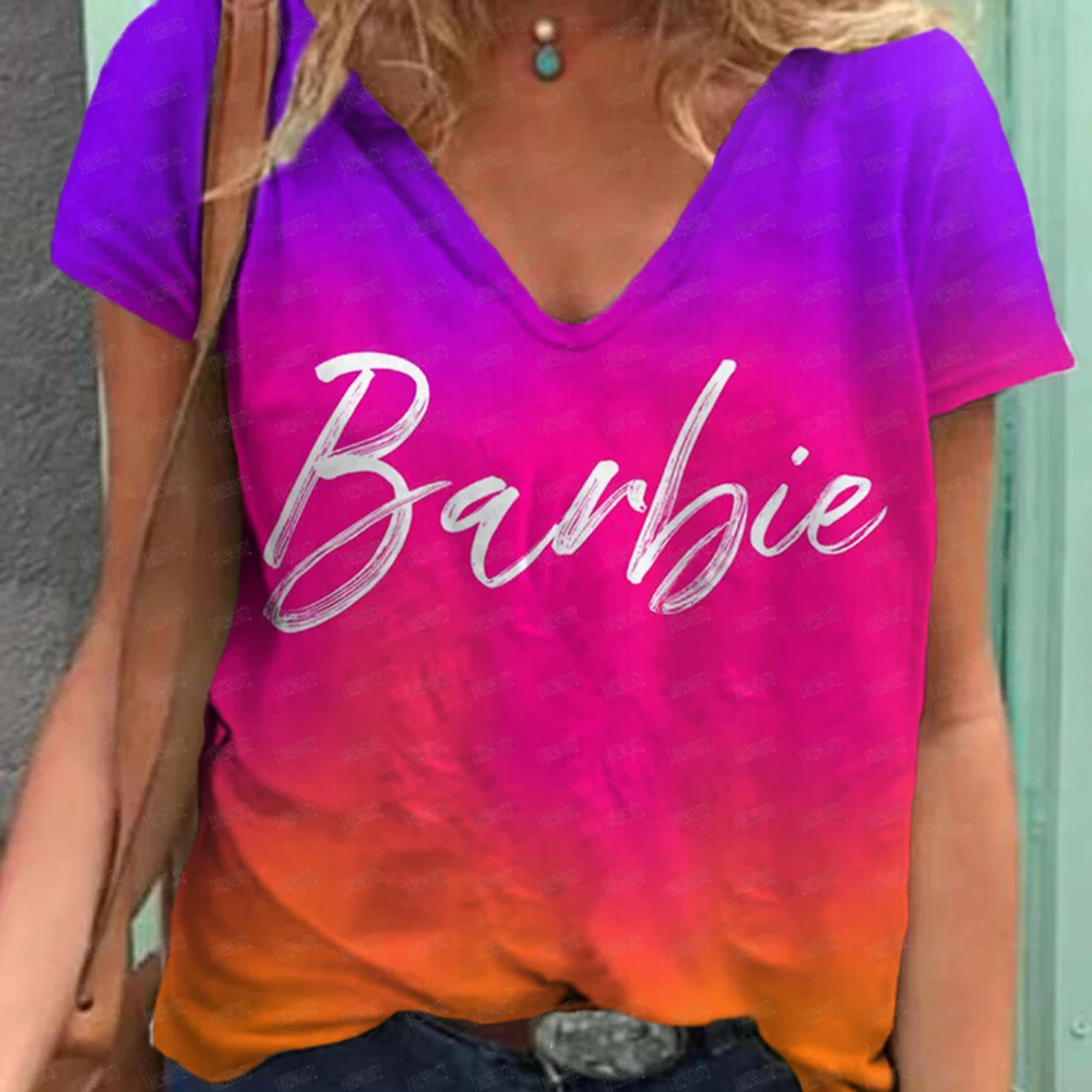 Kawaii Barbie T-shirt cartoon cute women's 3D printed V-neck T-shirt Y2K summer breathable girl street casual top gift