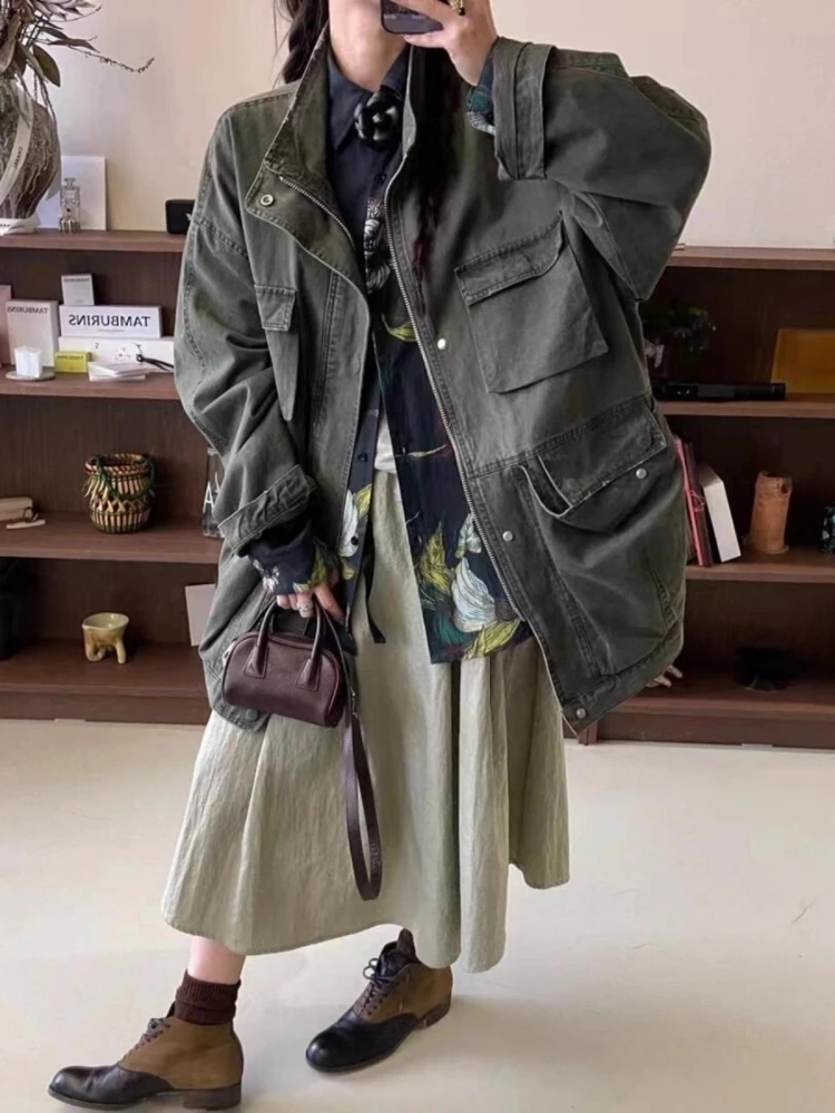 

Ретро-куртка в американском рабочем стиле оверсайз для женщин, весенне-осенняя, свободного кроя, с множеством карманов, модная, дышащая