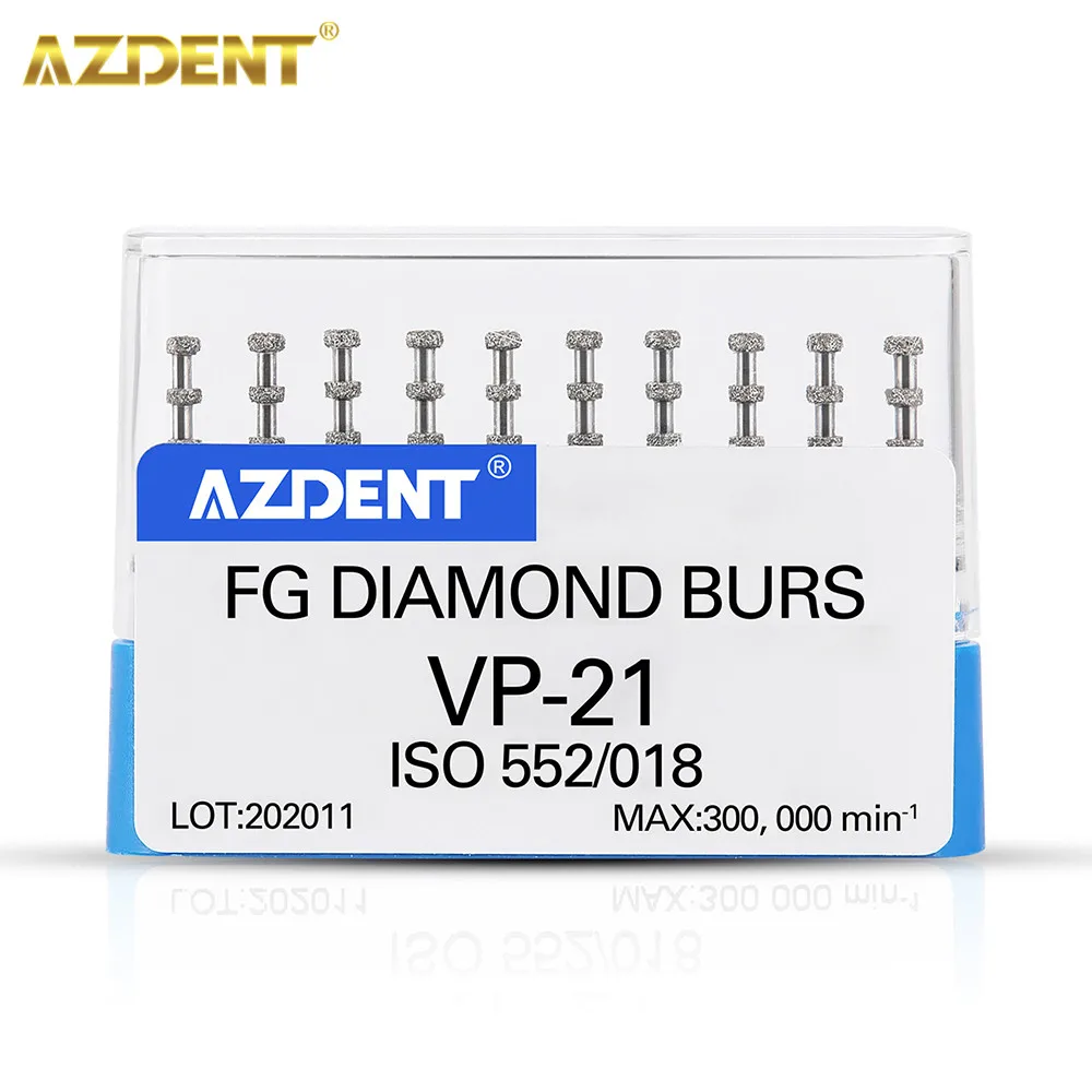 AZDENT-fresas de diamante FG para odontología, VP-21 de profundidad, grano medio, pieza de mano de alta velocidad, máximo 1,6 rpm/min, 10