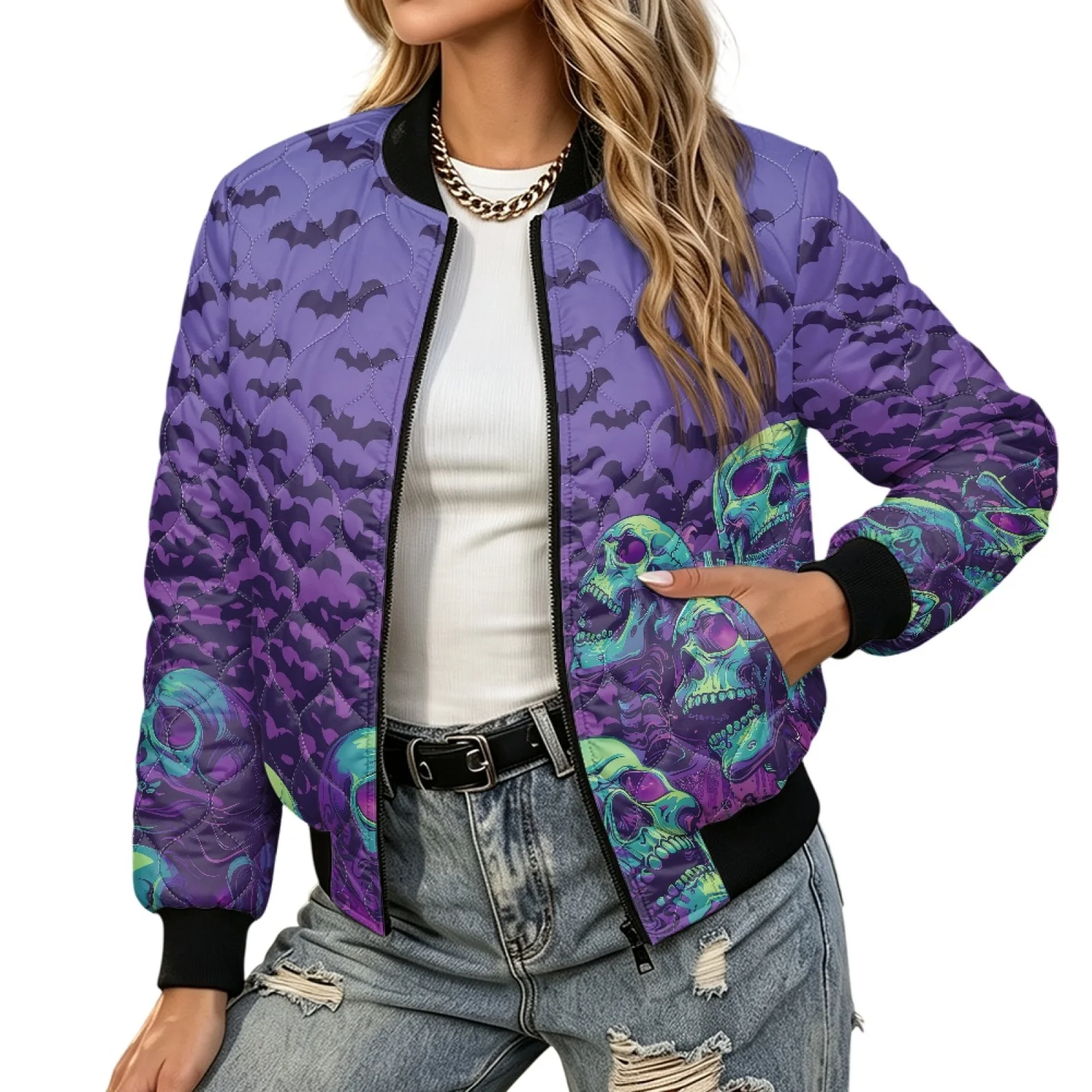 PENSTROLL Purple Bat Skull Ladies Light Warm Quilted Puffer Jacket with Rib Cuffs Comfortable Button down Coats for Party