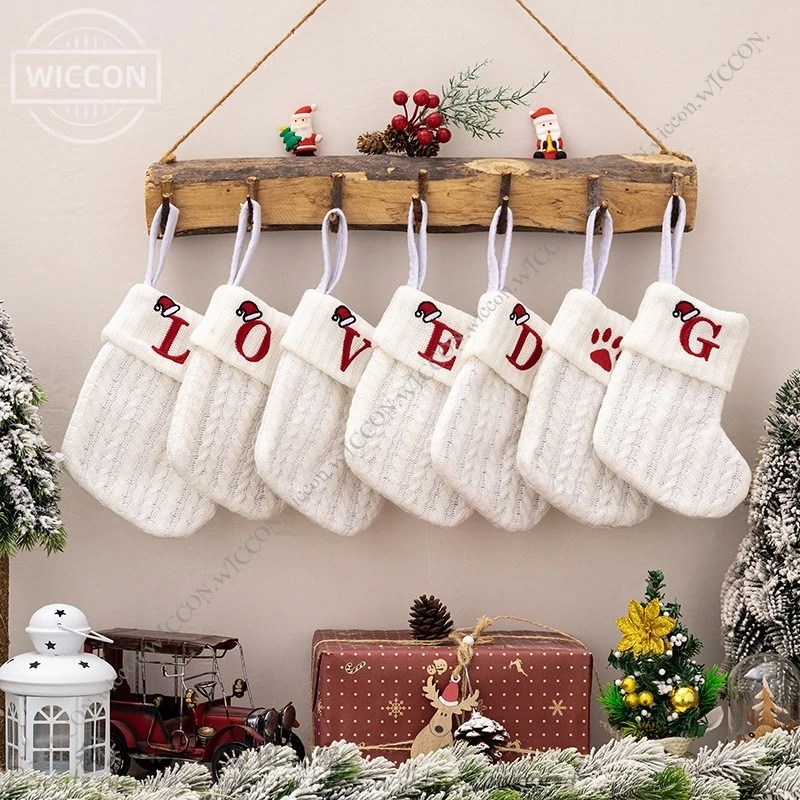 Christmas Knit Stockings Wool And Thread Stockings Embroidered Alphabet Children's Candy Gift Bag White Christmas Stockings