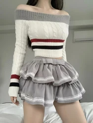 Autumn Vintage Preppy Style Knit 2 Piece Set Women Casual Off Shoulder Slim Sweater Tops + Bow Mini Skirt Sweet Fashion Suit New